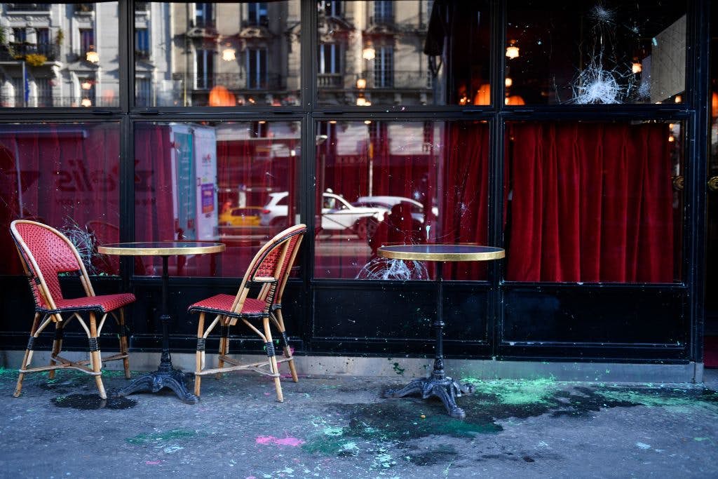 This photograph taken on April 7, 2023, in Paris, shows a terrace of the restaurant La Rotonde which windows' were broken the day before during a demonstration on the 11th day of action after the government pushed a pensions reform through parliament without a vote, using the article 49.3 of the constitution. - France on April 6, 2023 braced for another day of protests and strikes to denounce French President's pension reform one day after talks between the government and unions ended in deadlock. (Photo by JULIEN DE ROSA / AFP) (Photo by JULIEN DE ROSA/AFP via Getty Images)
1250851474
pension, demonstration, politics, Horizontal, topix, bestof